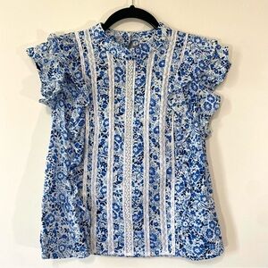 Veronica Beard Sol Printed Lace Floral Top Sleeveless Blue White High Neck 2